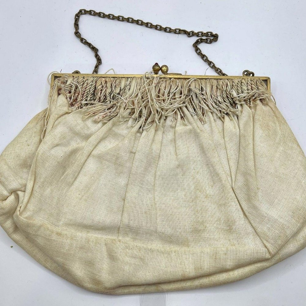 Vintage Ed B Robinson EBR Hand Made In France Cream Fringed Purse Ruby Clutch